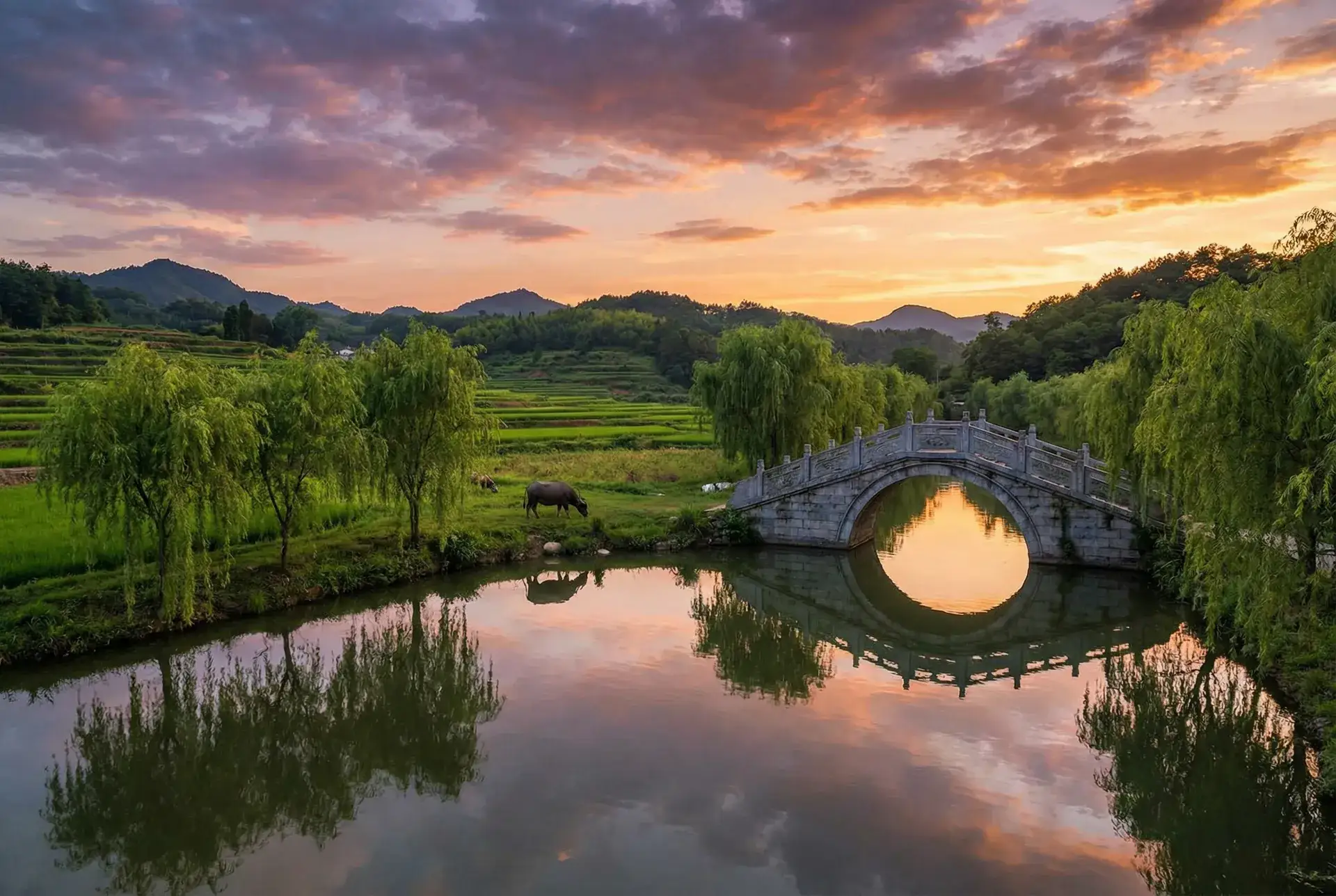 夕阳下的石拱桥与垂柳，水牛在河边吃草 - 快活林 乡村美景
