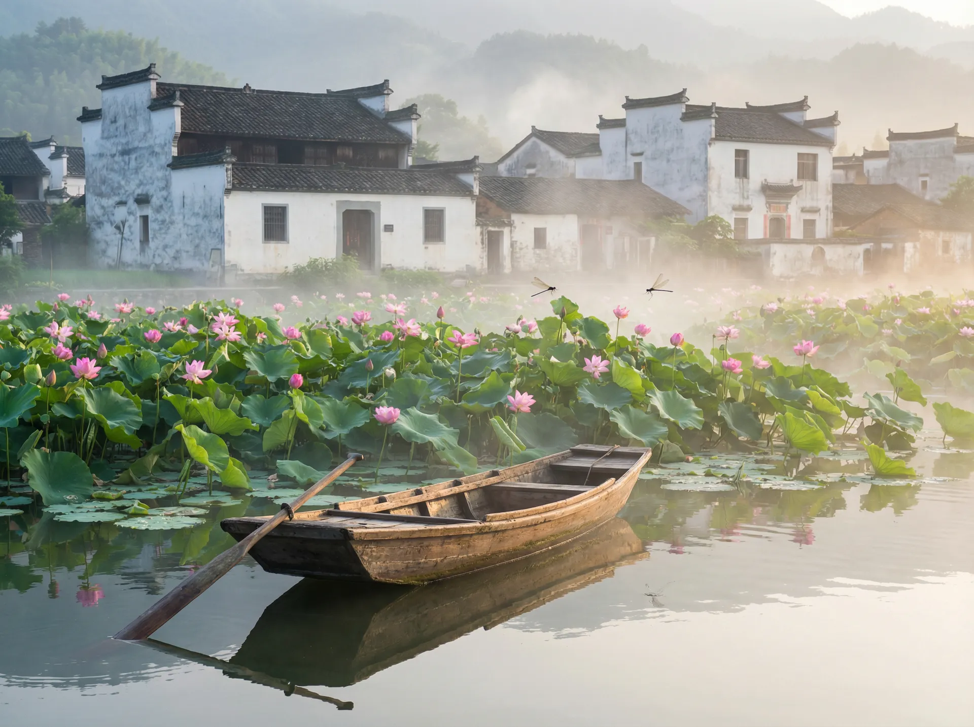 清晨荷塘小舟，粉色荷花盛开，白墙黑瓦的村庄 - 快活林 水乡风情